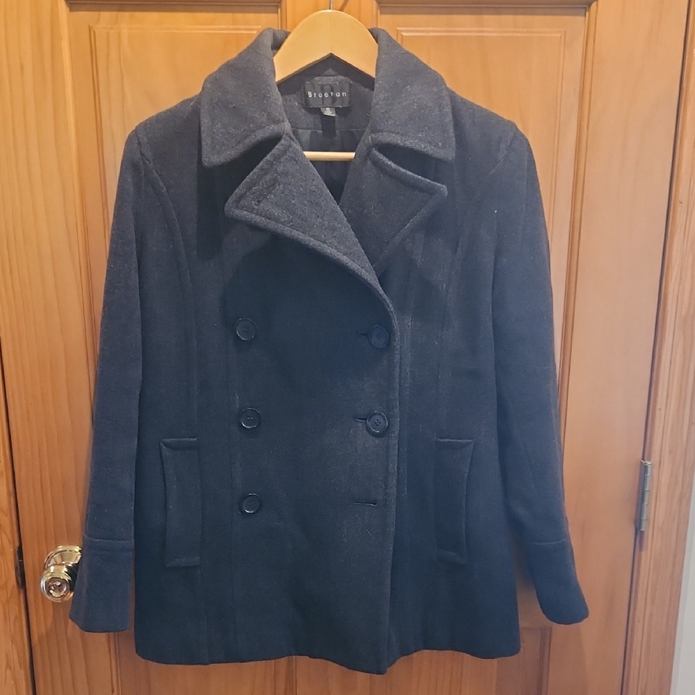 Braetan Black Pea Coat Double-Breasted Wool